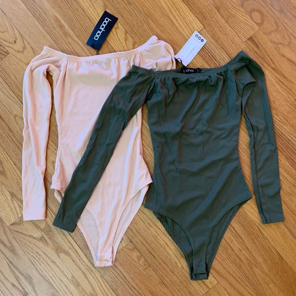 2 Off Shoulder Ribbed Bodysuits Nude and Khaki Petite